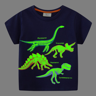 2024 summer new boys cartoon luminous short sleeve crew neck T-shirt dinosaur shark short sleeve T in stock direct distribution