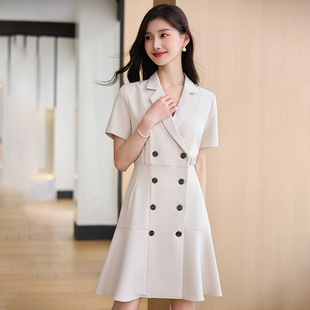 apricot Short-sleeved Summer Suit dress Elegant V-neck Socialite Design Sense Double-breasted Tight Waist Business Dress