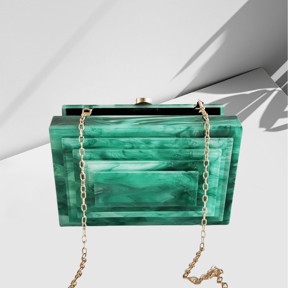 Evening bag, stylish striped patchwork pearlescent acrylic clutch, emerald green gradient multi-layer bag, elegant and understated luxury.