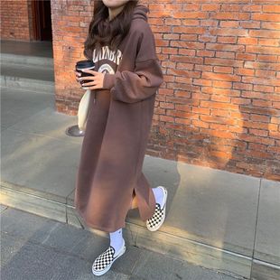 Extra Large size 300kg sweater dress women's autumn and winter chubby girl loose Korean style fleece-lined thick hooded long dress