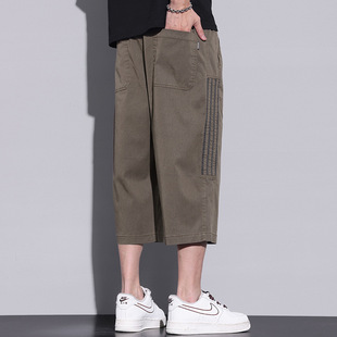 Summer Thin Men's Shorts Trendy Casual 7-point Pants 2024 New Ice Silk Loose Straight Striped Pants for Boys
