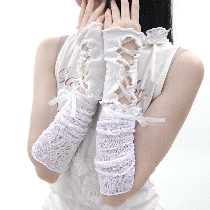 Ballet-Style Ribbon Tie Sleeves Lolita Lace Tie Hand Sleeves for Women Japanese Style Sweet Cool Gloves