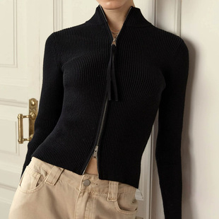 New Spring and Autumn Outer Cardigan Jacket Women's Slim-fit Inner Long-sleeved Soft Waxy Zipper Knitted Sweater Niche Top