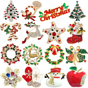 European and American Christmas Brooch Crutches Elk Snowflake Snowman Christmas Tree Wreath Bells Boots Pin Corsage Explosions