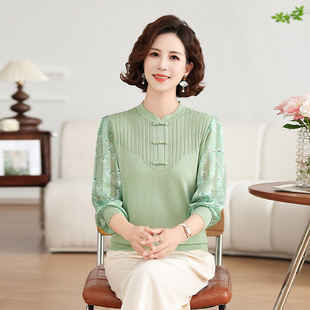 Western Style Mother 2025 Spring and Summer New Knitted Top New Chinese Thin Small Shirt with Gauze Sleeves for Middle-aged and Elderly in Early Spring