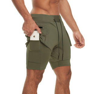 Summer muscle double-layer sports fitness shorts men's brothers solid color breathable running training pants cross-border new