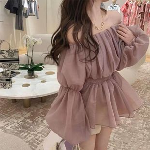 New black off-shoulder lantern sleeve pleated waist slimming shirt women's 2024 spring and autumn new long sleeve top