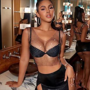 Distinctive New Style Fishing Net Hot Drilling Sleeveless Vest Women's Summer Outer Wear Loose Sexy Top Nightclub European and American Bright Diamond Bounty