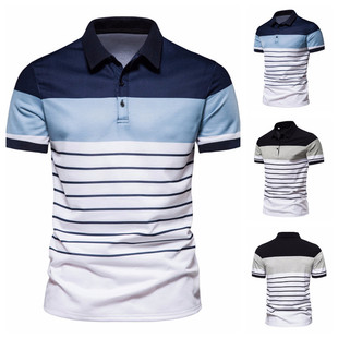 Foreign trade summer new European and American men's fashion striped printed short-sleeved lapel T-shirt polo shirt factory wholesale