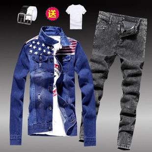 Spring and Autumn Men's Denim Jacket with Long Pants One-suit Men's Korean Style Slim-fit Denim Jacket Handsome Jacket Pei Xian