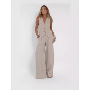 2024 European and American Cross-Border Hot-Selling New Fashion Vest and Pants Patchwork Cotton and Linen Casual Suit