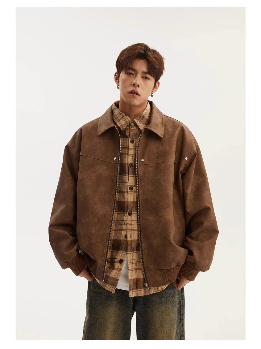 NASA American Style Retro Lapel Leather Jacket Men's Spring and Autumn Loose Couple's Workwear PU Wallet Jacket Trend