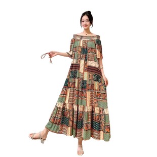 Cross Border Bohemian Ethnic Style Cotton Silk Printed plus size dress Seaside Holiday Beach Dress Summer Artificial Cotton
