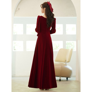 Long Sleeve Toast Dress Bride 2024 New Spring Wine Red Engagement Wedding Host Elegant Banquet Evening Dress
