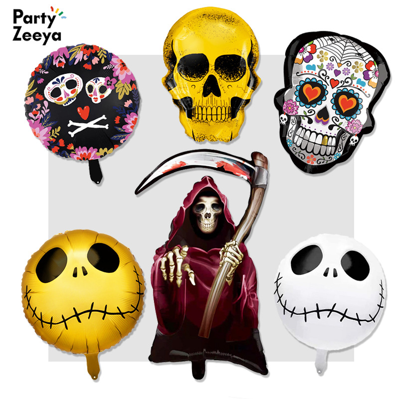 Halloween decorations and setups featuring paper cards, foil balloons, Grim Reaper, skulls, and other Halloween themes, including bars and shopping mall decorations.
