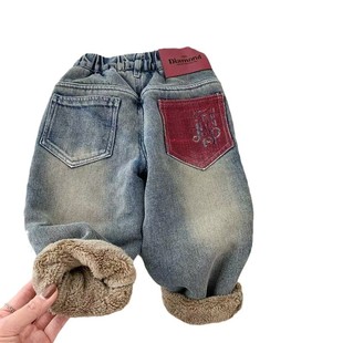 Boys' One-piece Lamb Velvet Jeans Children's fleece-lined Thickened Pants Winter North Pants for Winter Warm