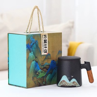 Hand-painted Mug Wooden Handle Ceramic Tea Cup Water Cup with Lid Filter Three-piece Set Yuanshan Cup Office Cup Gift Box