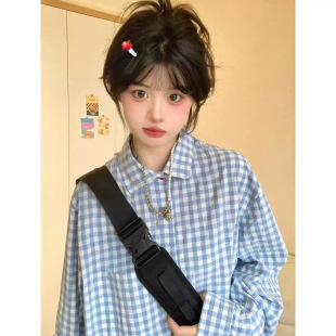 Fresh Blue Plaid Long-sleeved Shirt Women's Spring and Autumn New Design Sense Loose Slimming Sunscreen Lazy Shirt