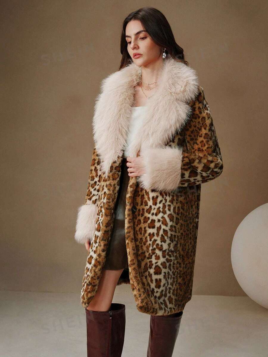 Amazon European and American Cross-Border Autumn and Winter Leopard Print Faux Fur Mid-Length Coat for Women Wholesale Fox Fur Lapel Jacket