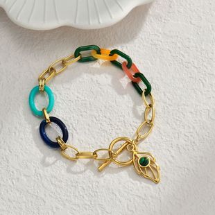 European and American Style Inlaid Turquoise Feather Bracelet Cross-border Temperament Fashion Acrylic Splicing Thick Chain Bracelet