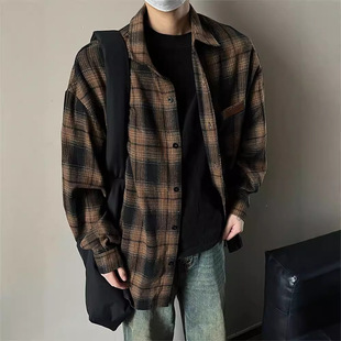 Vintage Plaid Shirt Men's High Street Vibe Loose All-match Lapel Long-sleeved Shirt American Casual Handsome Top