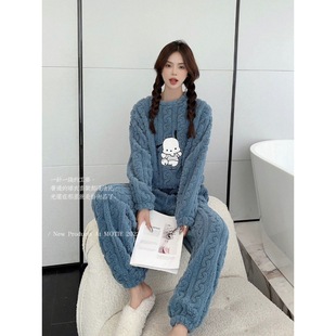 Coral Fleece Pajamas Women's Autumn and Winter Flannel Warm Home Clothes Outer Wear Thickened Long Nightgown Casual Cardigan suit