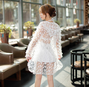 Summer New Split Three-piece Set Short Skirt Chiffon Long-sleeved Blouse Fairy Fan ins Wind Hot Spring Swimsuit Women