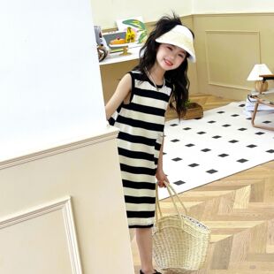 Girls' summer striped dress 2023 New girls' sleeveless striped dress cotton thin fashionable