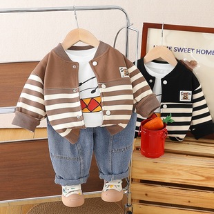 Spring 2025 New Boys' Striped Cardigan Long-sleeved Three-piece Set for Men and Baby Casual Denim Trousers suit Hair
