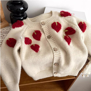 Girls Autumn and Winter New Sweater Cardigan Baby Kindergarten Fashion All-match Knitted Sweater Jacket Strawberry Grape