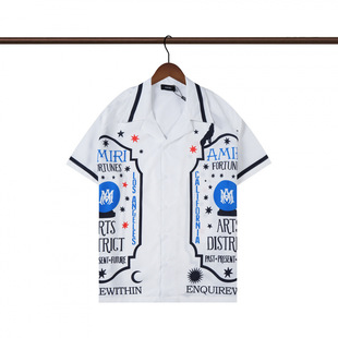2025 Style Men's Short-sleeved Shirt Trendy Brand Summer Beach Shirt Am Printed Letter Men's Lapel Shirt