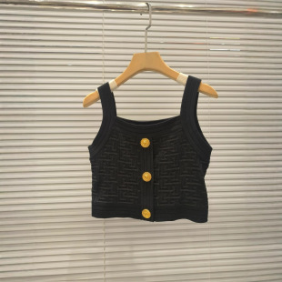 2025 Spring New French Socialite Style V-Neck Metal Button Short Knitted Camisole Fashion Top