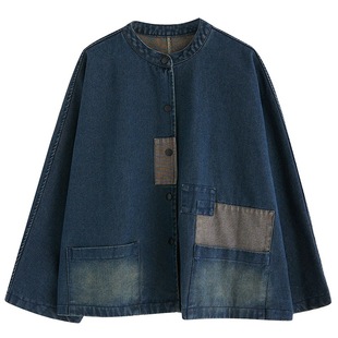 Real shot in stock Korean style distressed patch stitching Denim all-match cardigan short coat for women