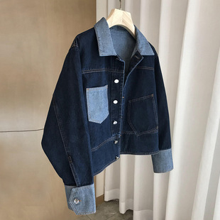 Hong Kong Style Vintage Contrast Lapel Denim Coat Women's Design Sense Loose Casual Western Style All-match Short Cardigan Top
