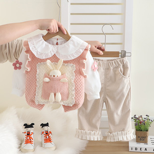 Girls Spring 2025 New suit Baby Cute Knitted Vest Doll Collar Shirt Sweet Children's Wear Three-piece Set