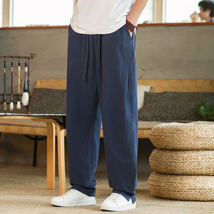 Chinese Style Spring and Autumn Cotton and Linen Trousers Linen Loose plus size Casual Pants Tang Coat Stretch Waist Harlan Pants K036075