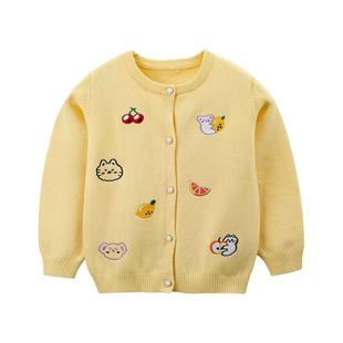 2024 Spring and Autumn Girls' Knitted Cardigan Children's Sweater Spring Girls' Embroidered Open Button Top