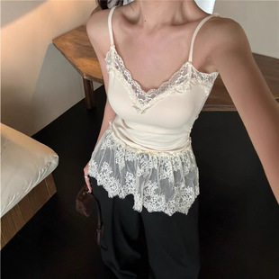 1085# rayon cotton temperament v-collar socialite style beautiful lace small sling female atmosphere feeling stacked mesh stitching fart curtain