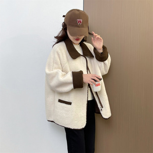 [Warm function] European goods contrast lapel lambswool coat women's spring and autumn fashion loose casual short 2025