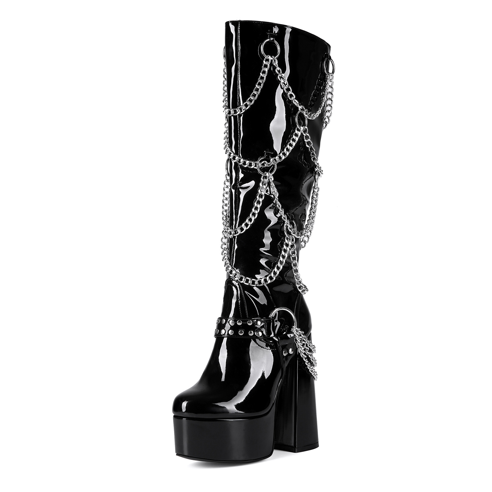 European and American Export Cross-Border Black Y2K Metal Chain Punk Gothic Thick High Heels Large Size 44 Women's High Knee Boots