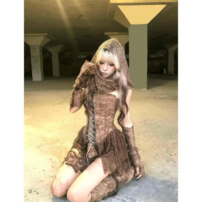 WASTE DUNE Spice Girl Vintage Dressed Tie-Dye Irregular Lace-Up Strapless Shorts Shawl Turban suit