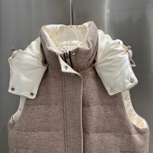 2024 New European Autumn and Winter Cashmere Stitching Hooded Short White Goose Down Vest Down Jacket Women's Vest