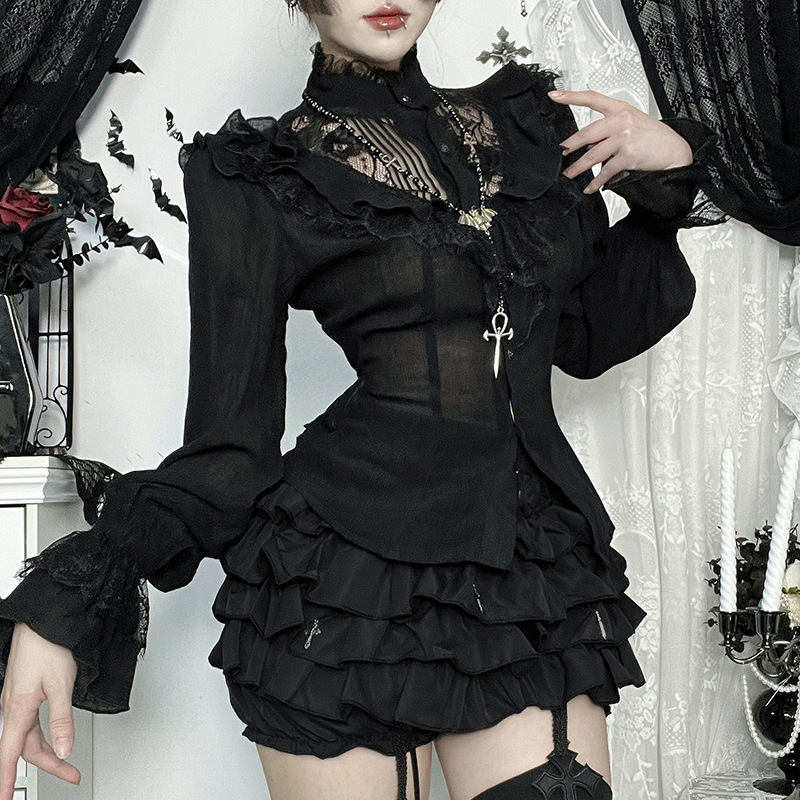Cf25242 Halloween New Lace Hollow-Out Long-Sleeve Top, Autumn Dark Style Comfortable Casual Shirt