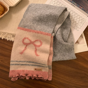 Color-matching Bow Knitted Scarf Women's Winter 2024 New Korean Style Atmosphere Warm Soft Waxy Scarf High-end Scarf