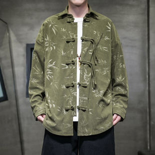 Men's Coat New Chinese Style Chinese Style Men's Long Sleeve Shirt 2024 New Spring Printed Corduroy Shirt for Men
