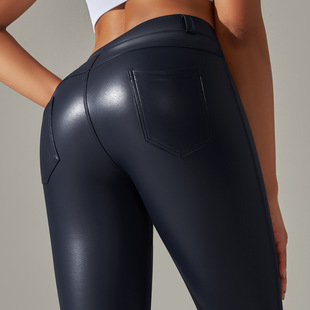 European and American new sexy PU leather pants plus size belly tight pants sports pants with pockets skinny pants brushed leggings