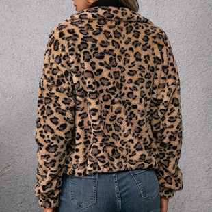 Cross-border Amazon leopard print lapel zipper plush jacket European and American independent station long sleeve plush sweater coat for women