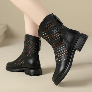 25 Spring and Summer New Round Toe Genuine Leather Breathable Hollow Women's Shoes Thick Heel Comfortable Soft Sole Cave Shoes Women's Thick Sole Sandals