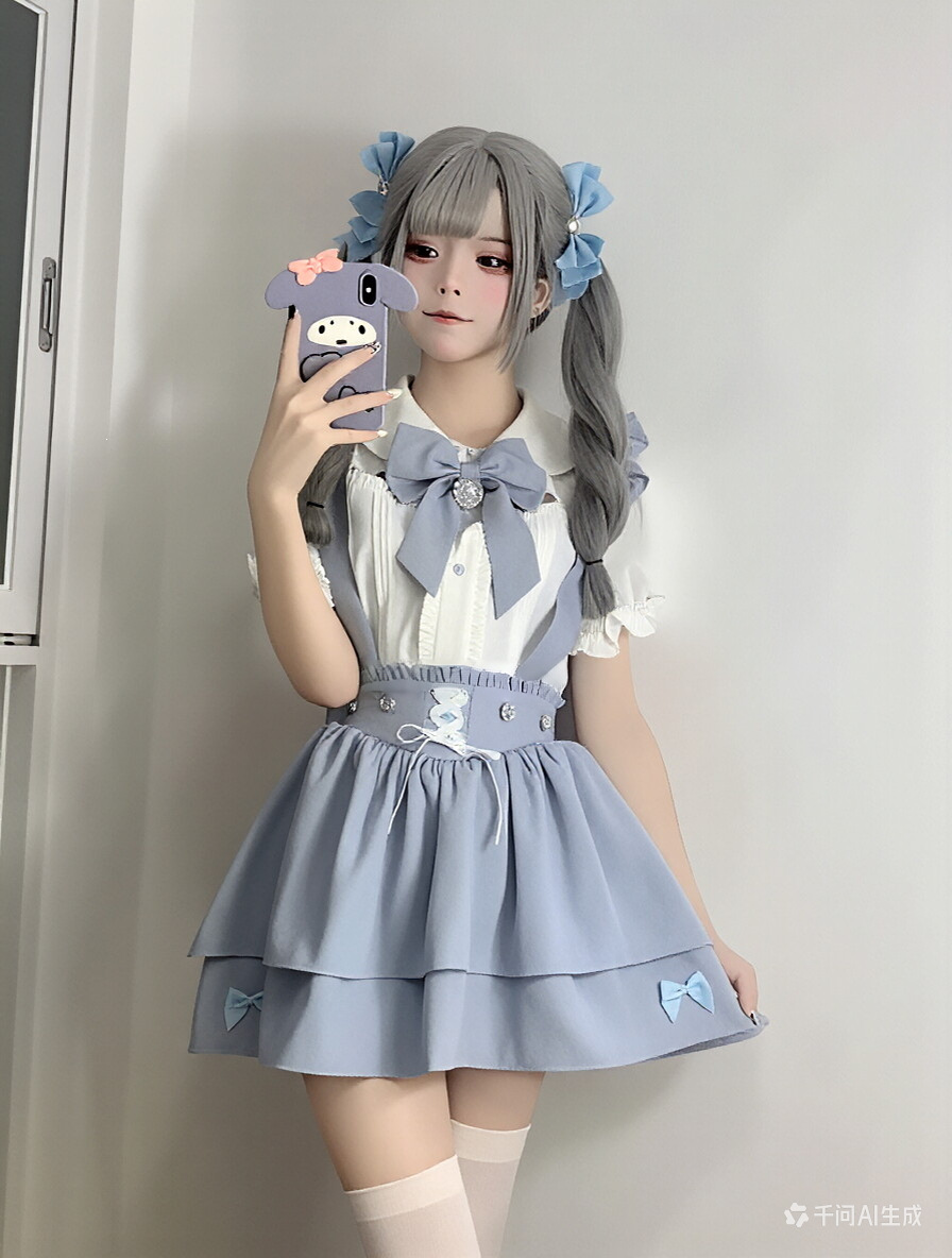 Light Blue Lace Angelic Style Mass-Produced Women's Lace Short-Sleeve Shirt + Suspender Skirt Set