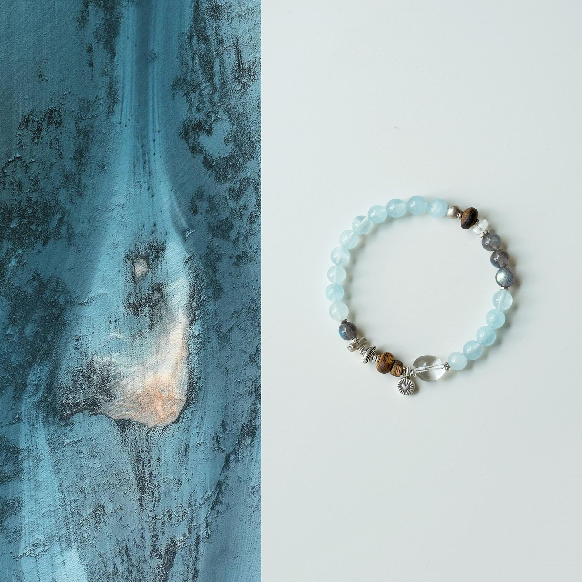 "Shaanhai" Original Mood-Stabilizing Natural Aquamarine, Agarwood, Gray Moonstone Multi-Gemstone Good Luck Bracelet for Women Gift